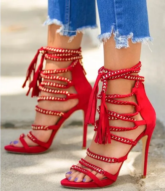 Sexy Chain Embellished Women Dress Sandals Tassel Open Toe Gladiator Sandals Shoes Red Black Fringe Strappy Sandals High Heeled