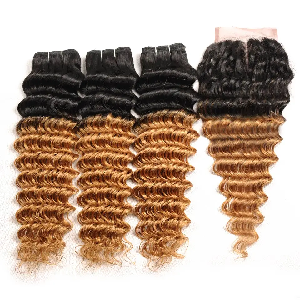 Pinshair Pre-Colored Ombre Blonde 1B27 Brazilian Deep Wave 3 Bundles With Closure 1Pack Non Remy Human Hair Weave Two Tone Hair  (55)