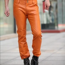 Новые стильные модные кожаные брюки мужские Оранжевые тонкие кожаные штаны для ночного клуба мужские брюки размера 29-39