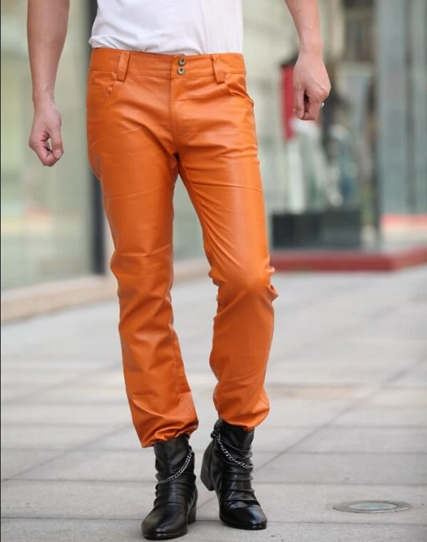 Бесплатная доставка 2019 Новый стиль Модные кожаные брюки мужские Оранжевые тонкие кожаные брюки для ночного клуба мужские большие размеры