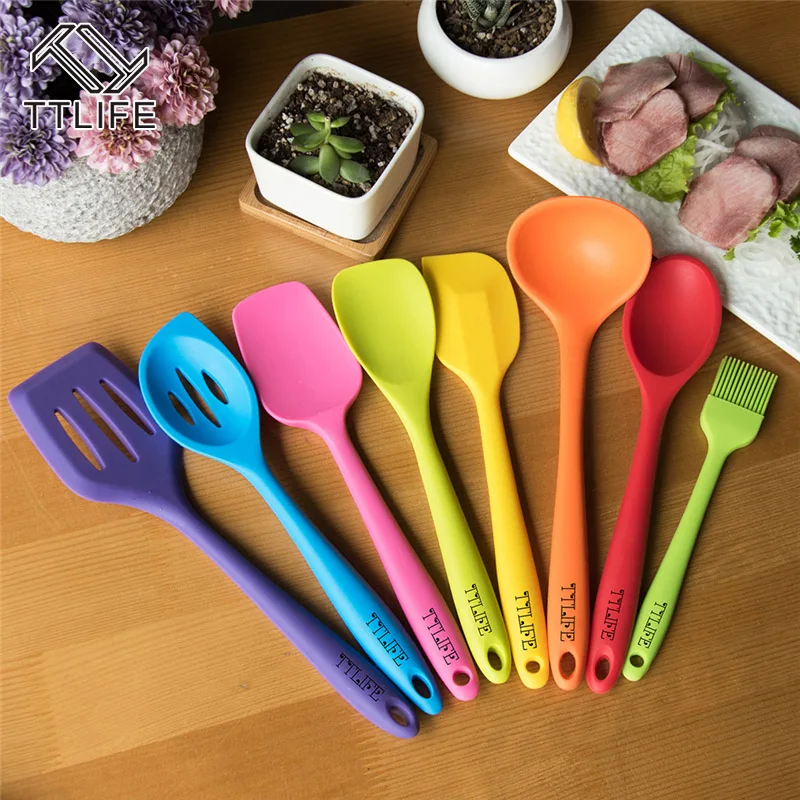 TTLIFE 8pcs silicone Kitchen Cooking Tools with Colorful Stainless Steel Handle Cooking Utensil Set