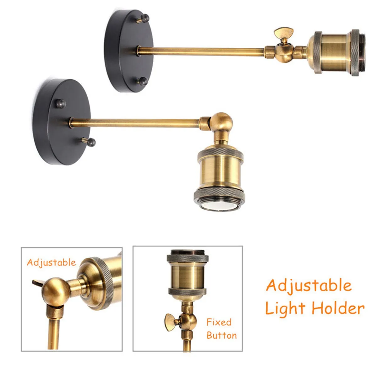 

E27 Retro Bronze Wall Mounted Adjustable Wall Light Bulb Base Vintage Hanging Lamp Bulb Holder Home Bar Decor With Fixed Butten