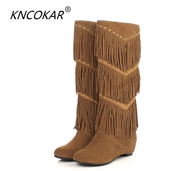 

KNCOKAR New Ethnic Full Tassels Women Over The Knee Boots cow Suede Fashion Tassels Thigh High Boots Flat Martin Boot hot sales