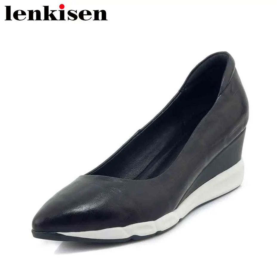 

Lenkisen 2018 new arrival pointed toe genuine leather slip on solid high wedges heels vulcanized shoes all-match women shoes L32