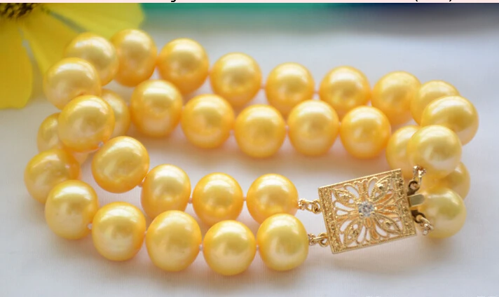 

fast shipping> 2strands 12mm ROUND golden Freshwater cultured PEARL bracelet 8inch (Z6467)
