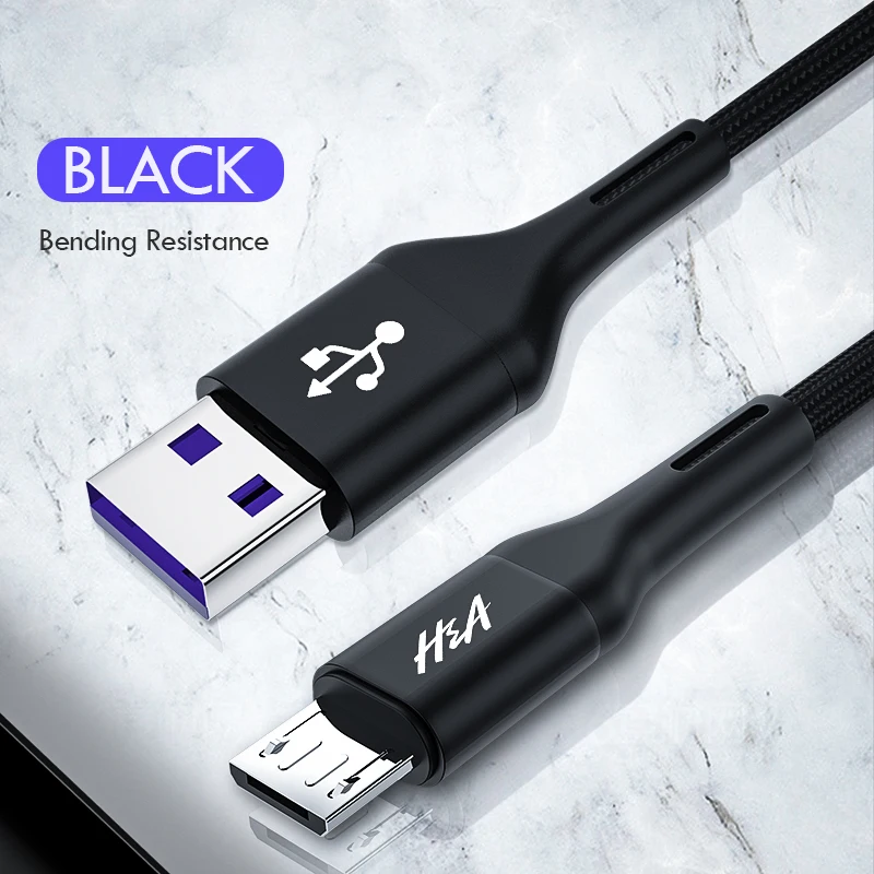 H& A Micro USB кабель быстрой зарядки Кабель зарядного устройства микро-usb для samsung A7 Xiaomi Redmi Note 5 Android кабели для мобильных телефонов - Цвет: Черный