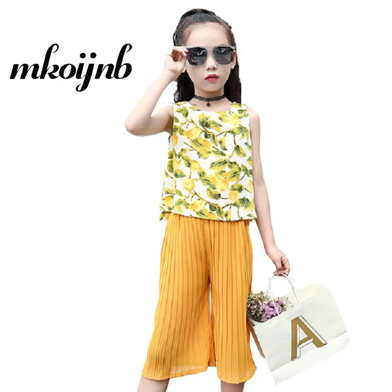 

Summer Girls Clothing Floral Set Kids Chiffon Suit 2Pcs Sleeveless Top & Flared Pants Children Clothes For 2 4 6 7 8 10 12 Years