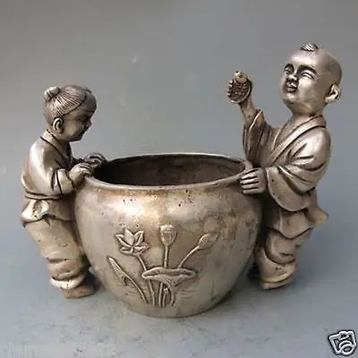 Chinese Silver Bronze Handwork Carved Lotus Crock &amp 2 Child w Qianlong Mark | Дом и сад