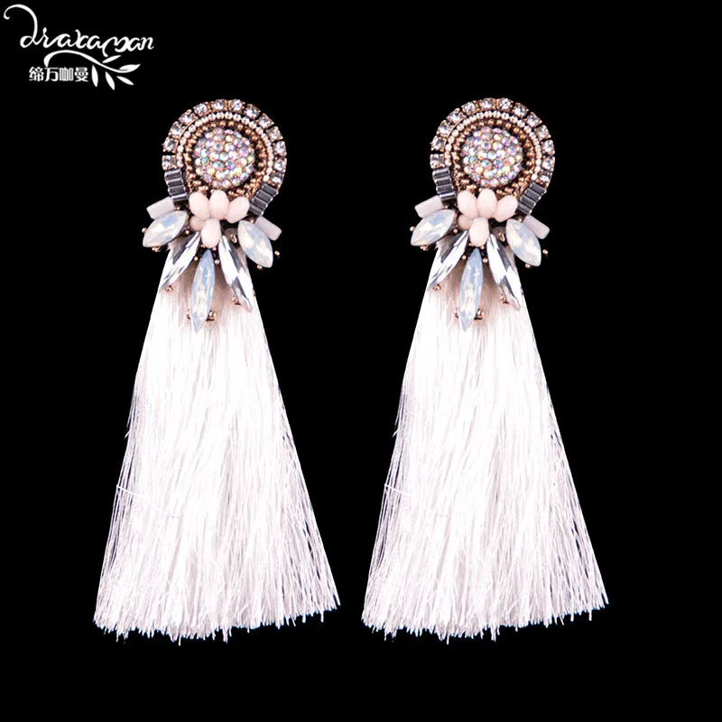 Бренд Dvacaman, модные серьги-капли с кристаллами в виде цветов, женские серьги в стиле бохо с длинным помпоном, серьги с кисточками, вечерние, свадебные, массивные ювелирные изделия, RR85