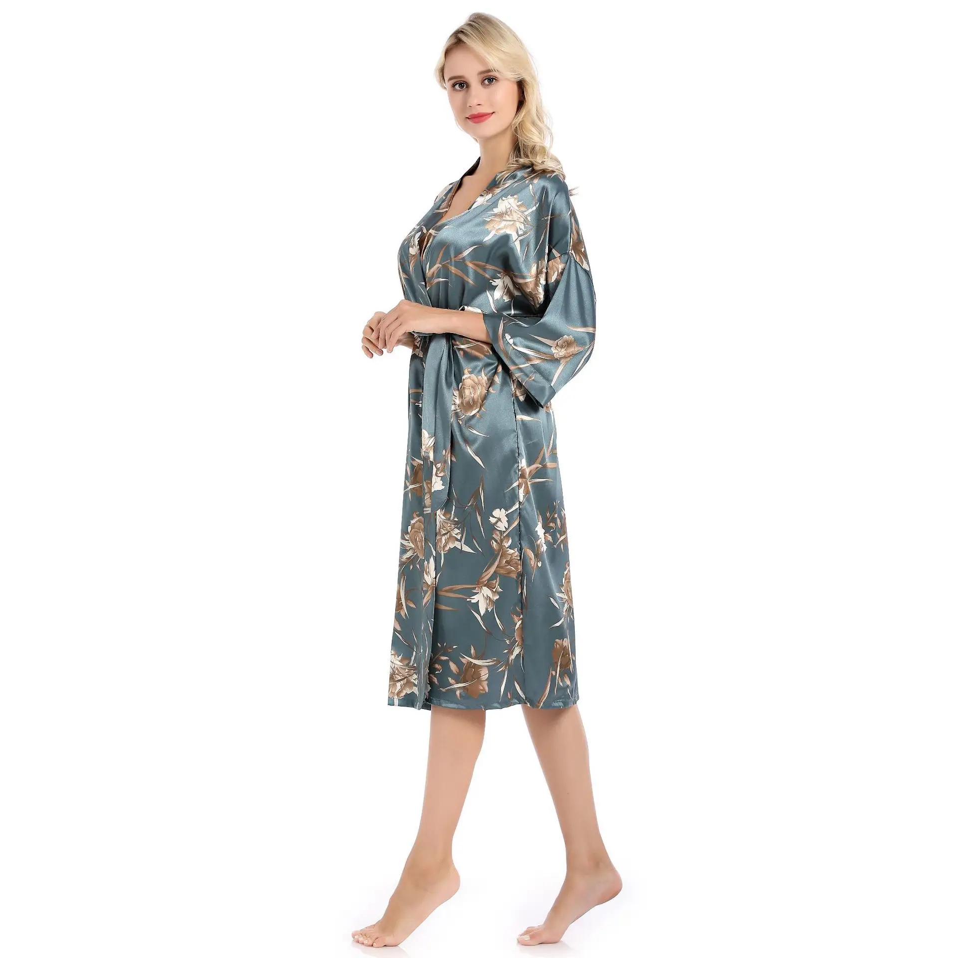 2019 New Women Floal Printed Long Dredding Gown Bride Kimono bridal bridesmaid Robe satin bathrobe Night dress images - 6