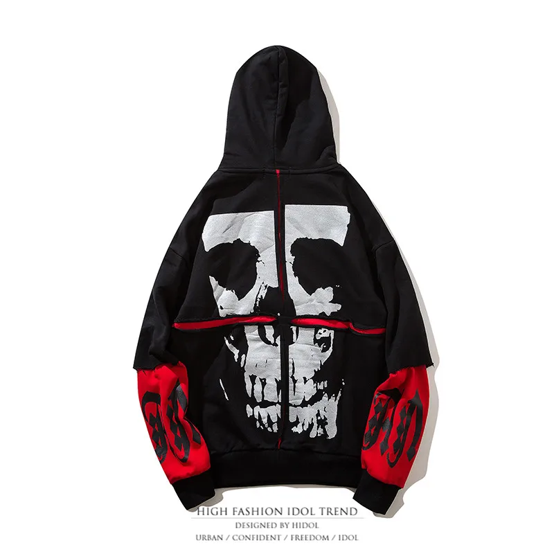 

Oversize False Two Piece Hoodie Halloween Gothic Skull Print Pullover Sweatshirt Men Hip Hop Swag Loose Hoody Contrast Black/Red