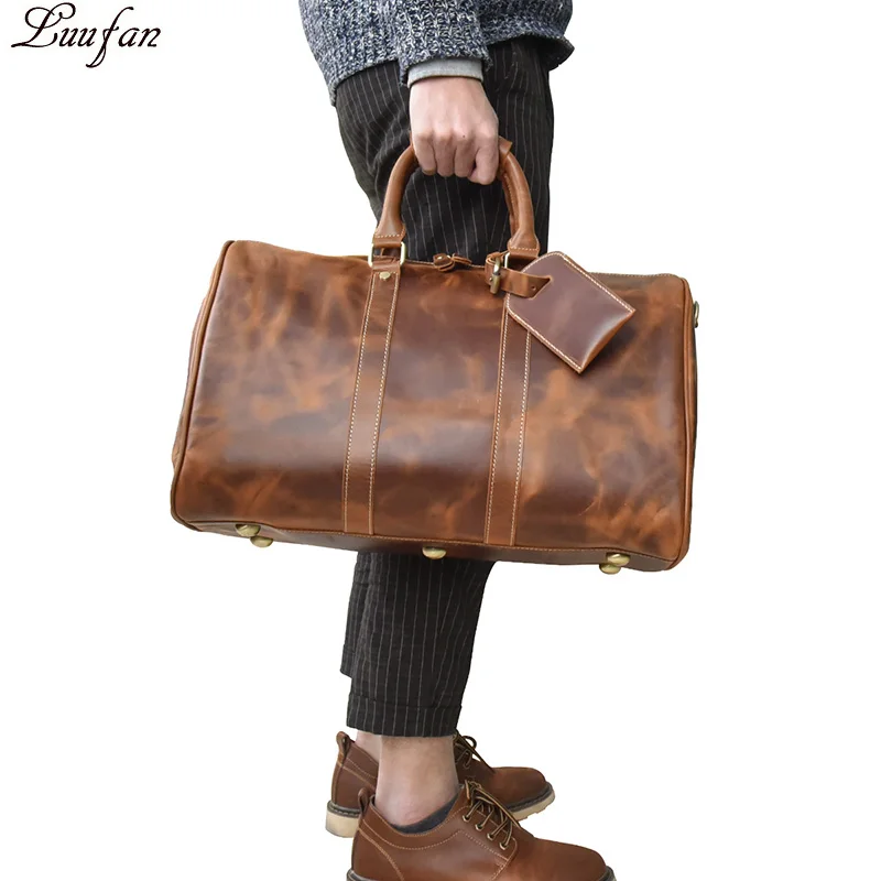 

Men Genuine Leather Travel Duffel Large Capacity Oil Wax Cow Leather Travel Bag Vintage Carry On Overnight Weekend Luggage Bag