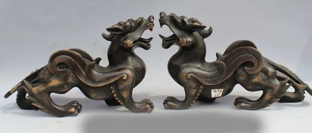 

6 Chinese Pure Bronze Feng Shui Folk Unicorn Beast Pi Xiu Statue Sculpture Pair