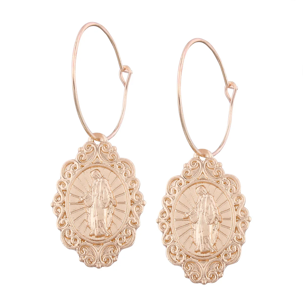 

Gold Color Metal Amulet Drop Earrings with Virgin Mary Pattern Circle Hanging Earrings for Women Big Earrings Wholesale Jewelry