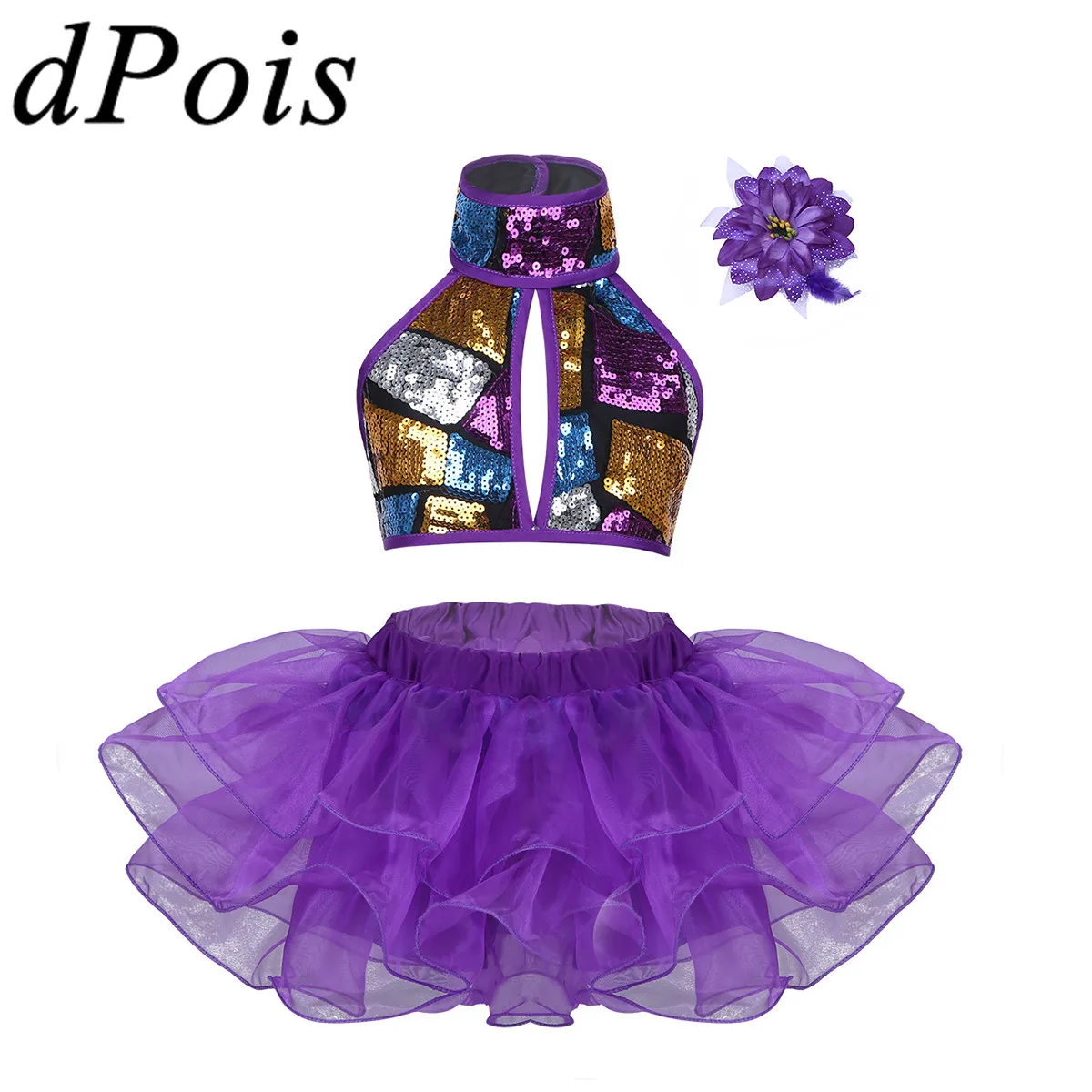 

DPOIS Girls Contemporary Jazz Hiphop Gymnastics Leotard Dance Costume Kids Top Tutu Skirt Sequins Shiny Gym Ballet Dancing Dress