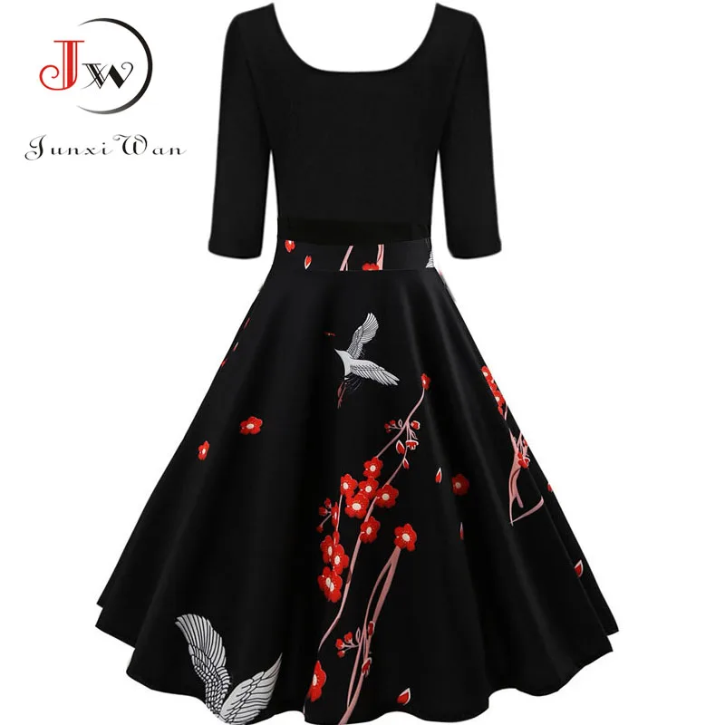 

Elegant Floral Print Dress Women Autumn Winter 50s 60s Tunic Vintage Dresses Casual Party Dress Sundress Retro Swing Vestidos