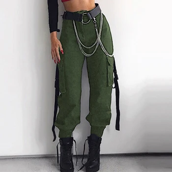 

Ladies Casual Long Pants Women Streetwear Cargo Pants Casual High Waist Side Pockets Female Trousers