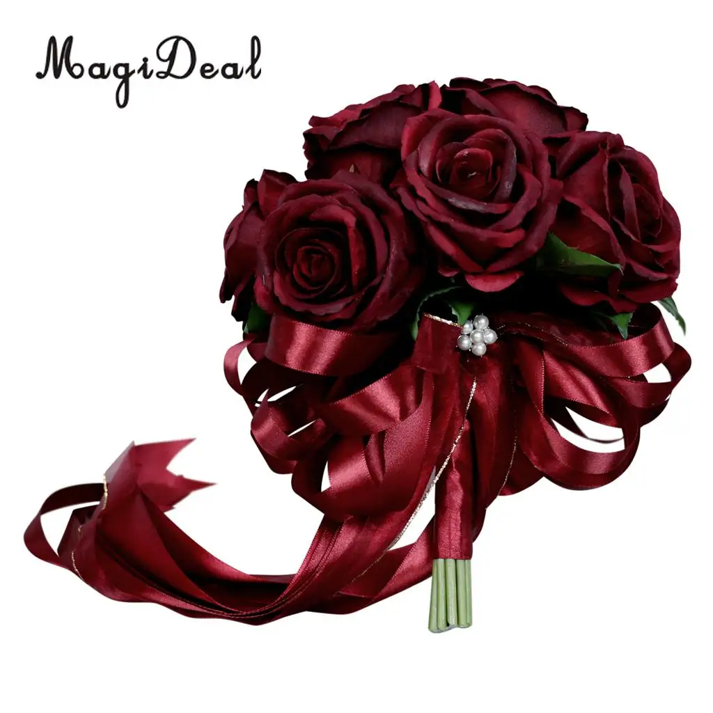 MagiDeal Romantic Rose Flower Wedding Bridal Bouquet Hand Holding Flower Wine Red
