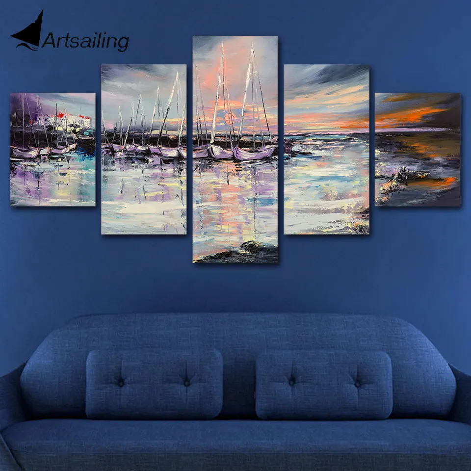 5 Panels watercolor sailboats Sea view Canvas Wall Art Picture Home