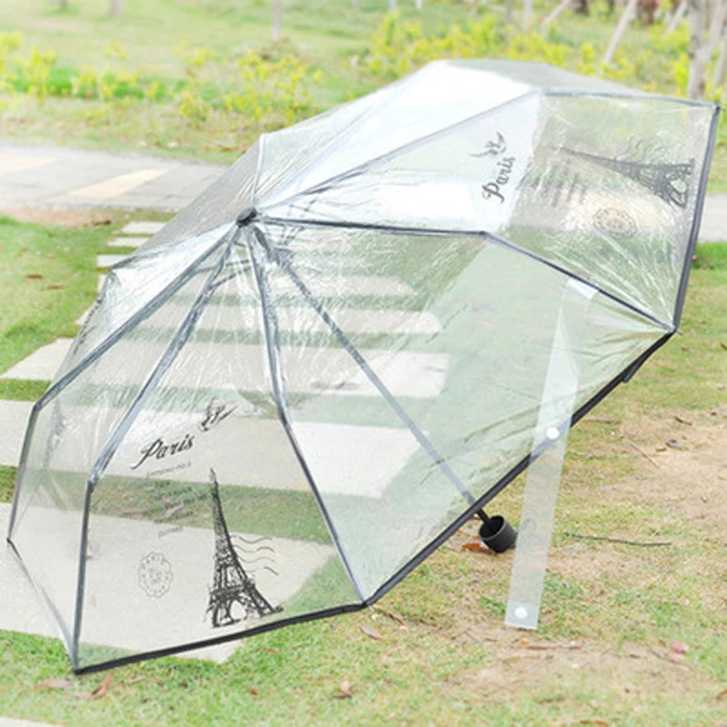 

EVA transparent print umbrella paris tower 8K perspective three folding umbrella non-automatic girl rain tools White Blac