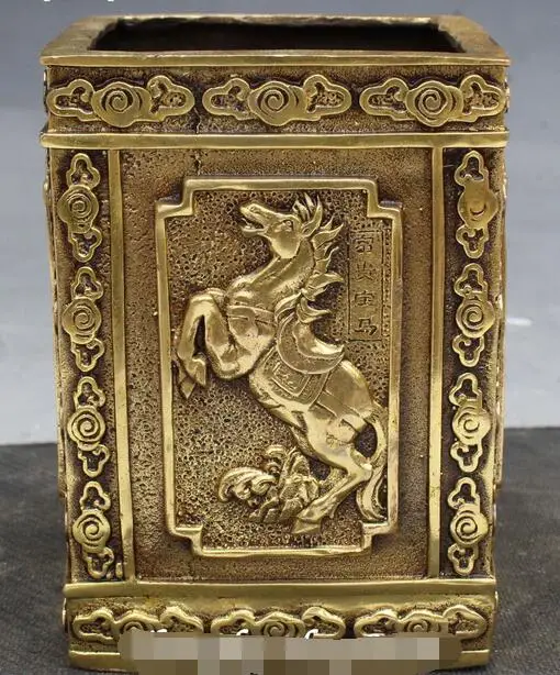 Marked Chinese Bronze Horse Horses Pen Container Pencil Vase Brush Pot Holderin Statues