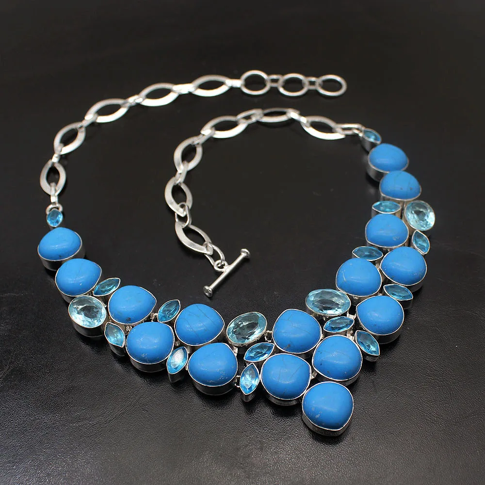 

Handmade Gift Natural Unique Ocean BlueTopaz Jasper925 Sterling Silver Big Necklace Choker Necklaces 17.5 Inch Free Shipping
