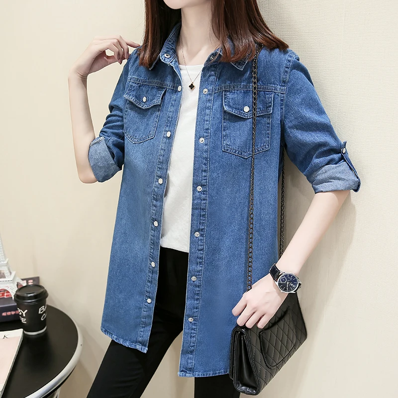  Spring New Fashion Woman Jeans Shirts Korean Style Roll Up Long Sleeves Female Denim Blouse Plus Si