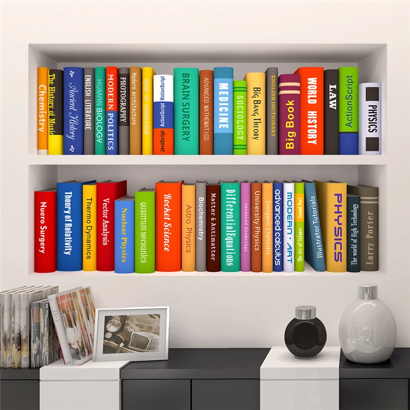 3d Bookshelf Wall Stickers For Office Study Room Decoration Creative