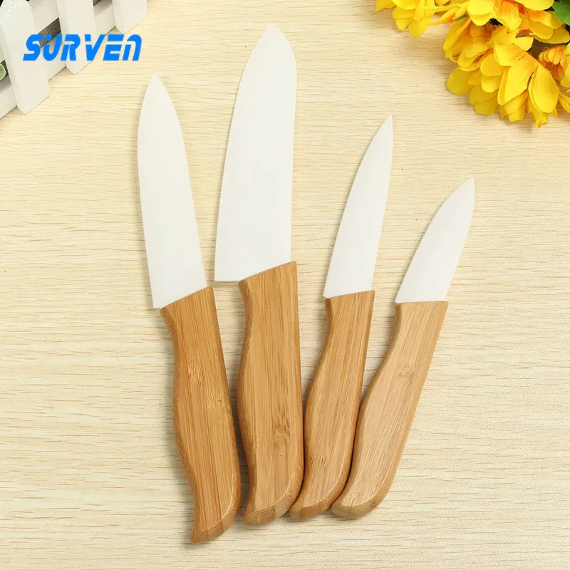 SURVEN 4pcs Zirconia Ceramic Knife Set 3 4 5 6 inch White Blade Bamboo Handle Fruit
