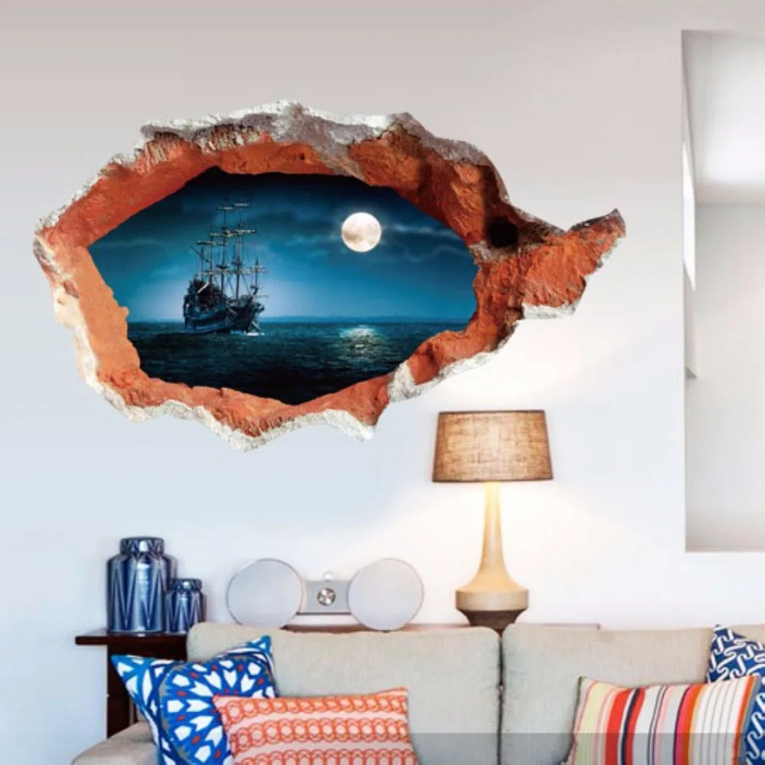 JX-LCLYL Removable 3D Ocean Seaview Vinyl Decal Broken Wall Sticker Art Mural Room Decor