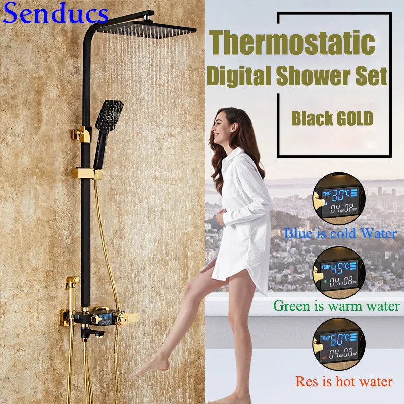 

Senducs Digital Shower Set Quality Brass Bathroom Shower Faucet Bathtub Mixer Tap Thermostatic Black Gold Digital Shower System