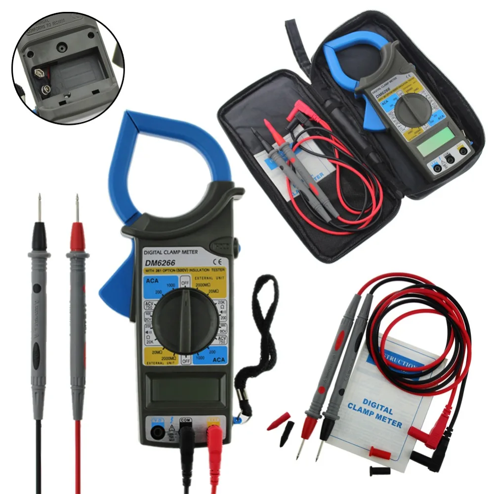 

LCD Digital Meter With 2 Test Lead Clamp Meter AC DC Current Voltage Resistance Tester Multimeter Blue Measuring Tool DM6266