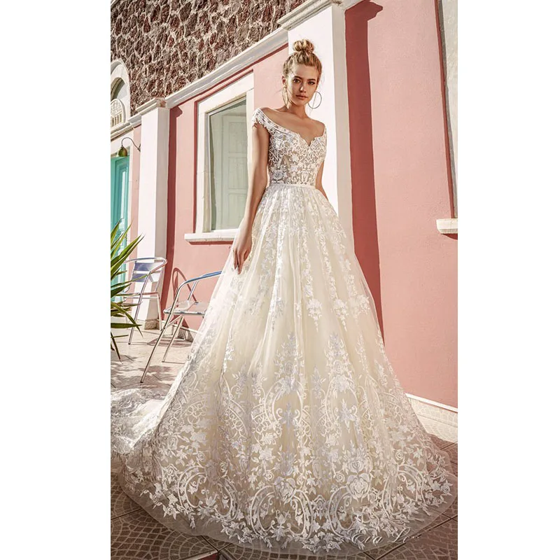 

LORIE Wedding Dresses Cap Sleeve Off the Shoulder Bridal Dress 2019 vestidos de novia Illusion Vintage Dresses Boat Neck