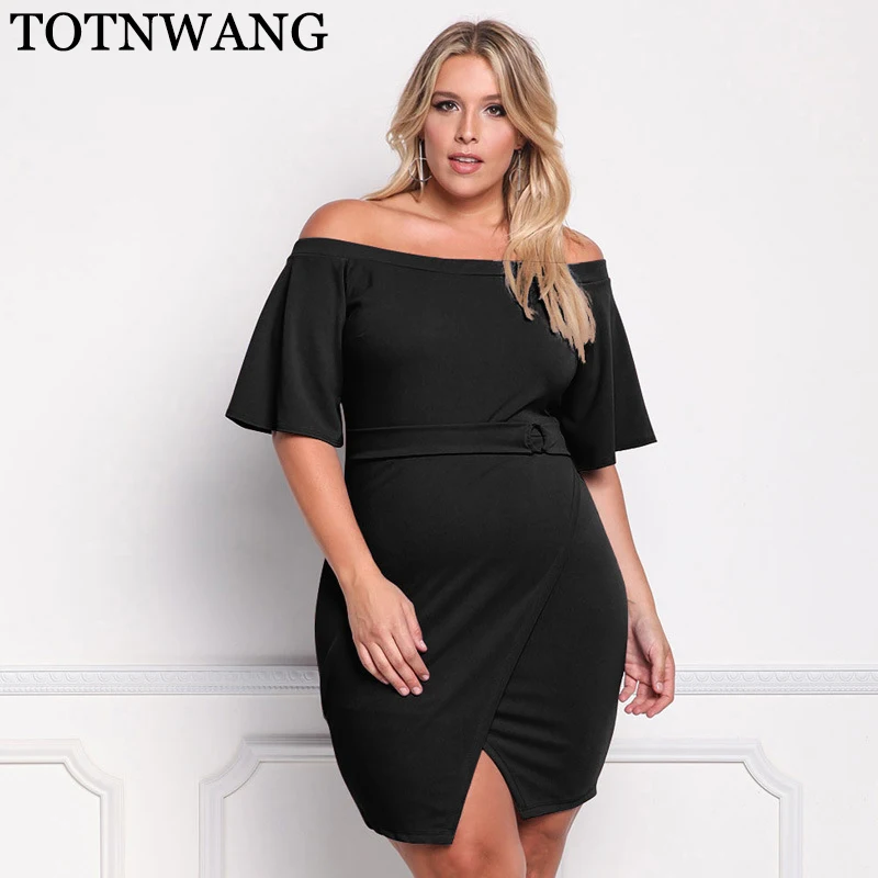 TOTNWANG 2017 Women Plus Size Off Shoulder Flare Sleeve Party Dress Sexy Split Irregular Dress Bodycon Big Size Pencil Dress WT82