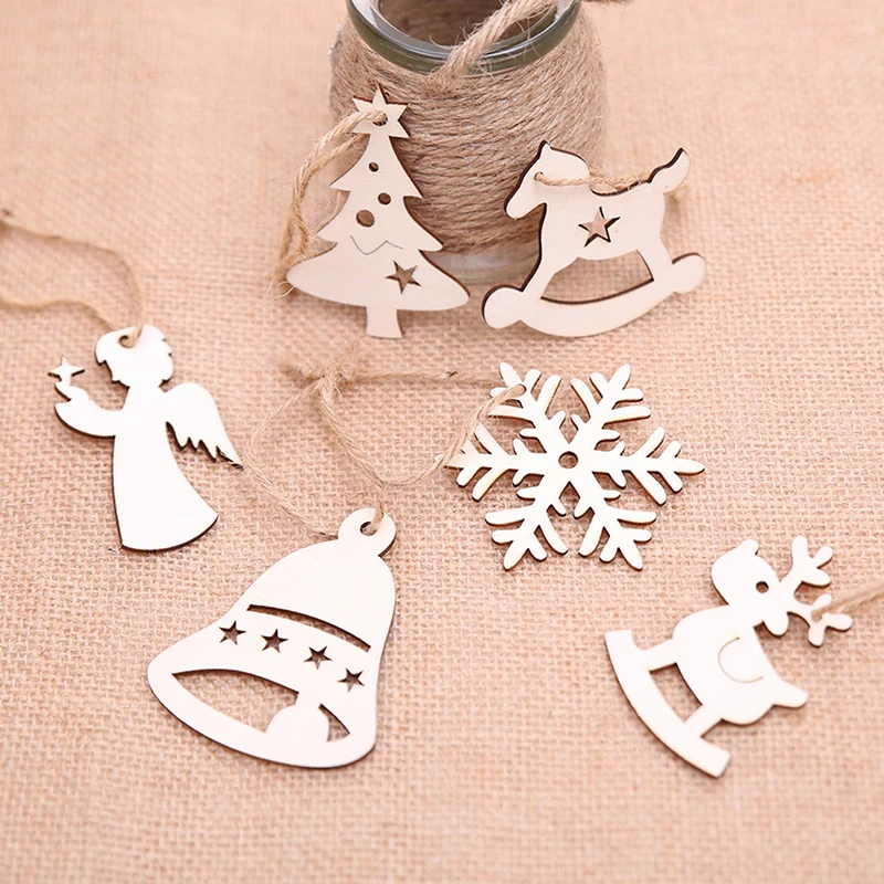 

10pcs Christmas Tree Hanging Pendant Wood Snowflake Snowman Elk Bell Rustic Embellishments Navidad Decoration