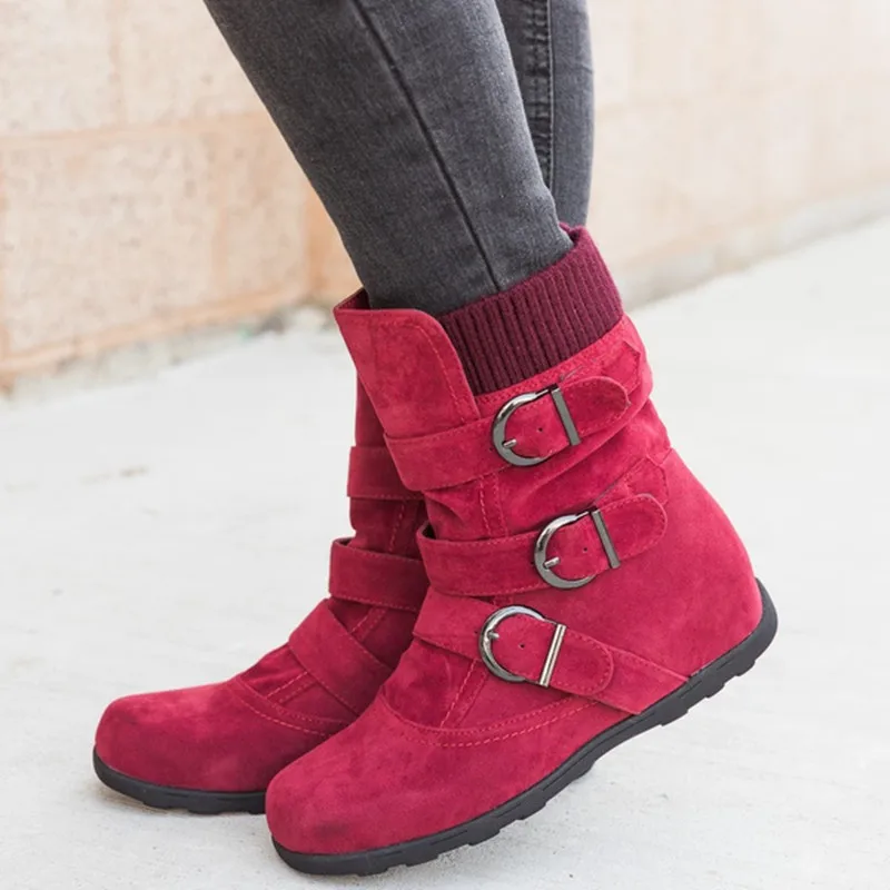 Женские зимние ботинки без шнуровки; 4 цвета; Ботильоны Теплая обувь на платформе женская обувь на плоской подошве; Прямая поставка; большие размеры 35-43 - Цвет: Красный
