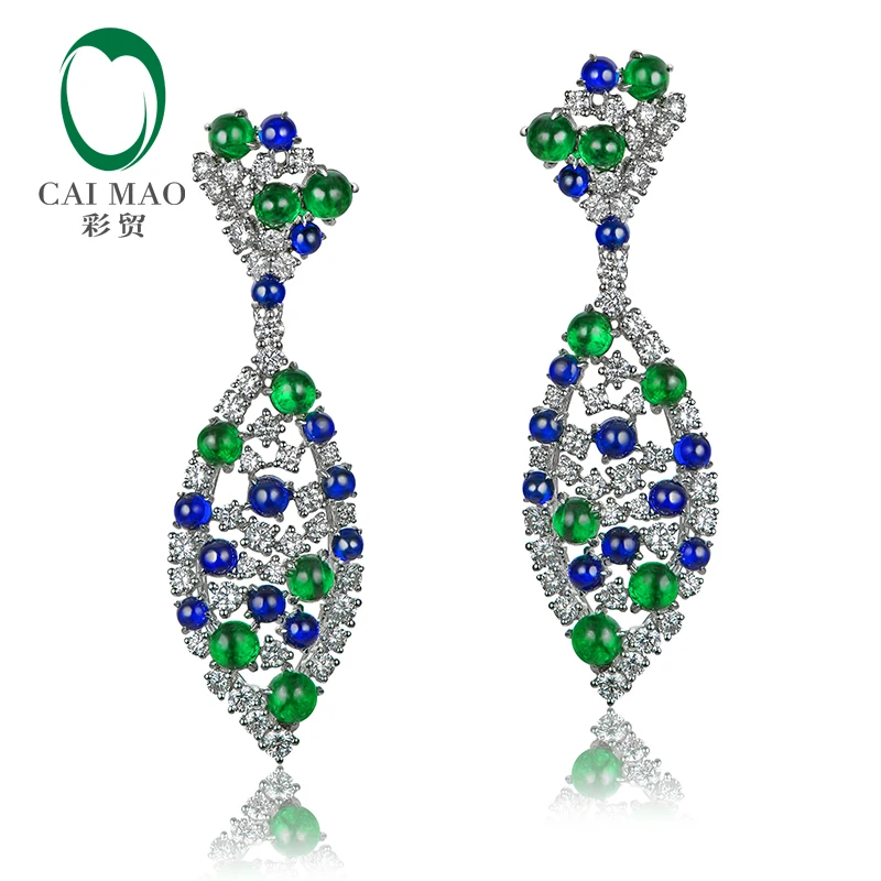 CAIMAO Natural 9.28ctw Cabochon Round Sapphires Emeralds and Diamonds Earrings 18kt Gold Retro English Lock For Women