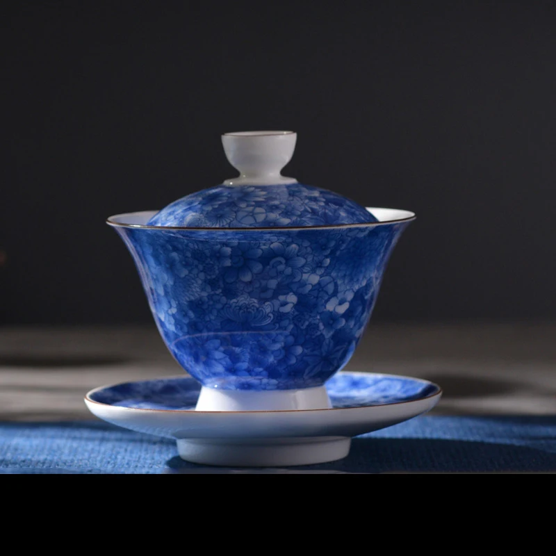 150 мл Цзиндэчжэнь ручная роспись синий и белый фарфор Tureen с крышкой набор блюдец гайвань чайная посуда Чайный набор кунг-фу чайная церемония - Цвет: A