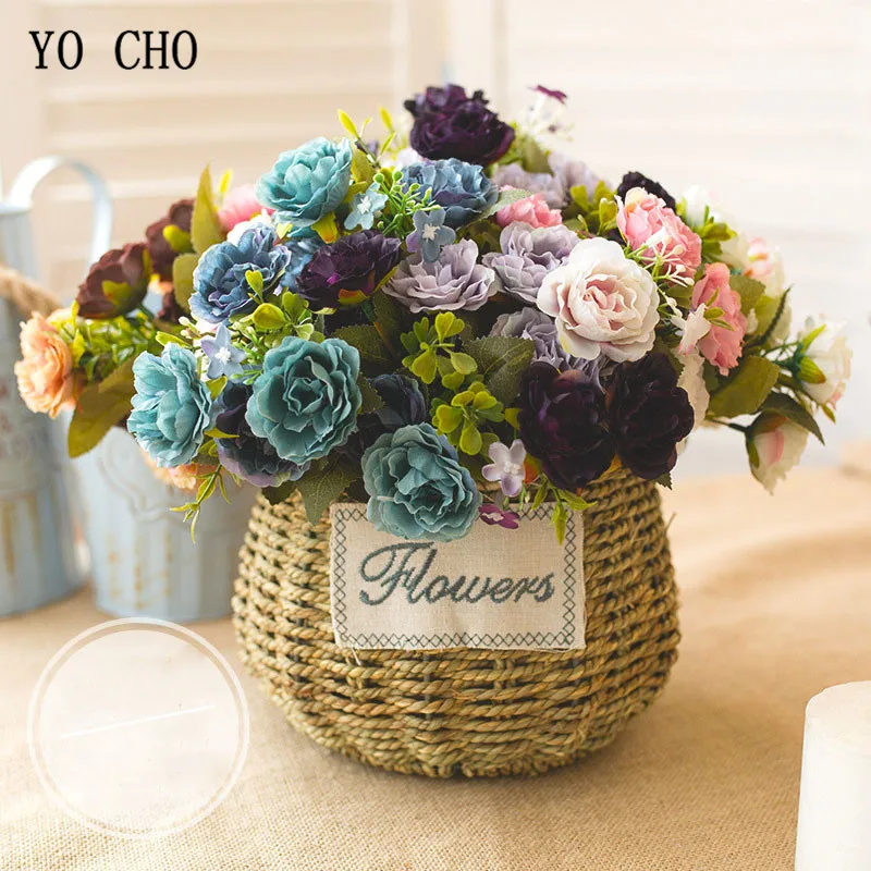 

YO CHO 10 Heads Small Roses Artificial Flowers Silk Peonies Bouquet Pink White Flower Artificial Peony Wedding Home Garden Decor