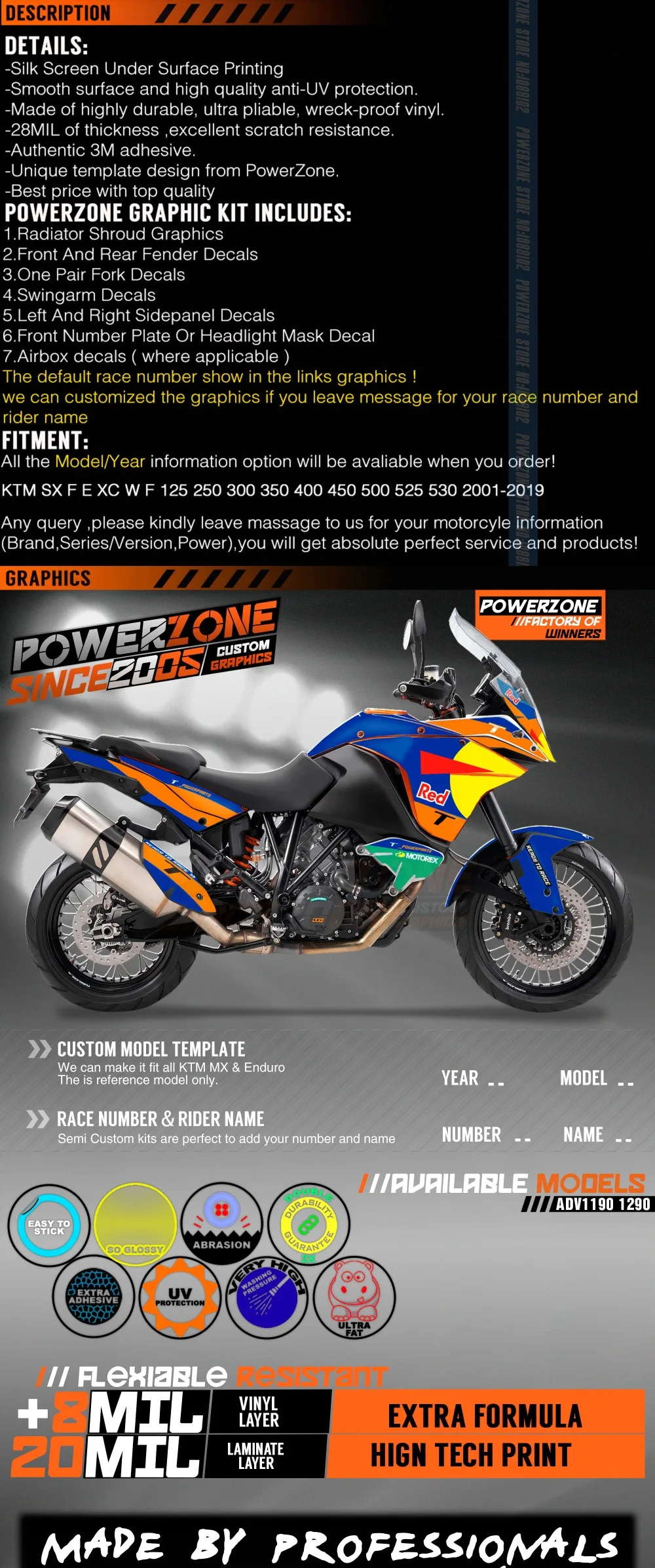 PowerZone Custom Team Graphics Backgrounds Decals 3M Stickers Kit For KTM ADV 1050 1090 1190 1290 118