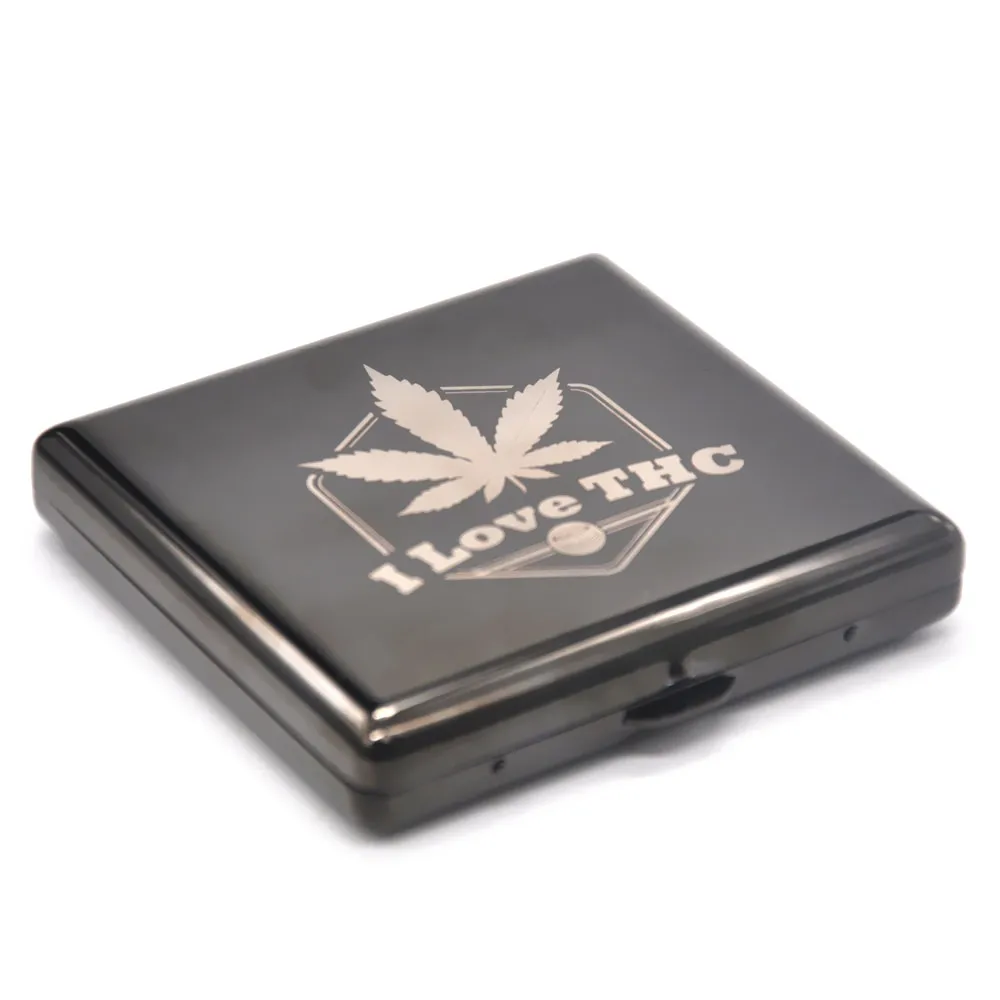 "420" Pattern Ice Rainbow Color Metal Cigarette Case(90x80MM) Hold 20 Regular Size Cigarettes(85mm*8mm) With 2 Clips - Цвет: I Love Thc