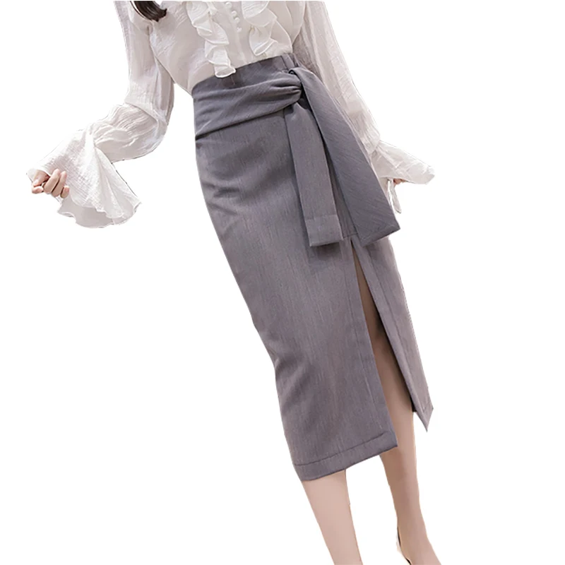 

2019 Autumn Ladies Office Skirt Split Bow Bandage Irregular Long Skirts Womens OL Hip Package Brief Jupe Femme Elegant Faldas