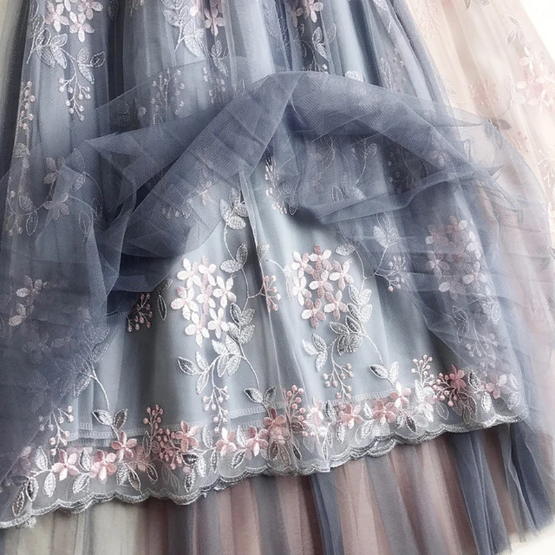 

2019 Summer Floral Embroidery Tulle Skirts Women Elastic Waist Pleated Skirt Female Fashion High Waist Mesh Pleated Skirt Female
