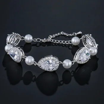 

SLBRIDAL Sparkling Charm Fashion Pearls AAA Cubic Zirconia Bracelet Girls CZ Daily Bracelet Gift Wedding Bridal Women Jewelry