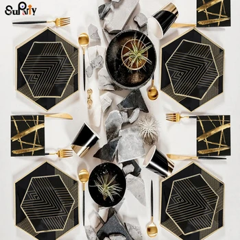 

24 Sets Black and Gold Party Sets Paper Plates Cups Serviettes Drinking Straws for Baptism Easter Bridal Shower Party Decoration