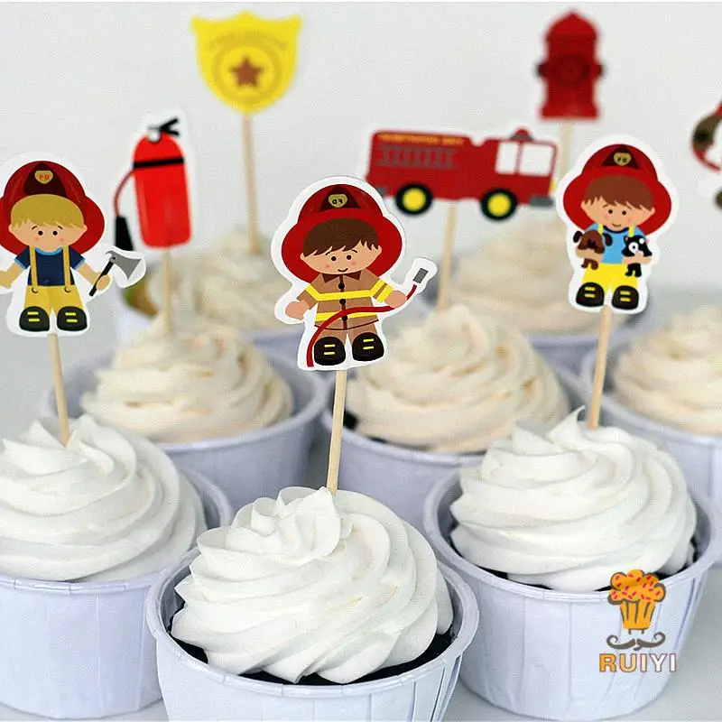 

24pcs fireman cake toppers cupcake picks cases fire fighter kids birthday party decoration baby shower candy bar AW-0429