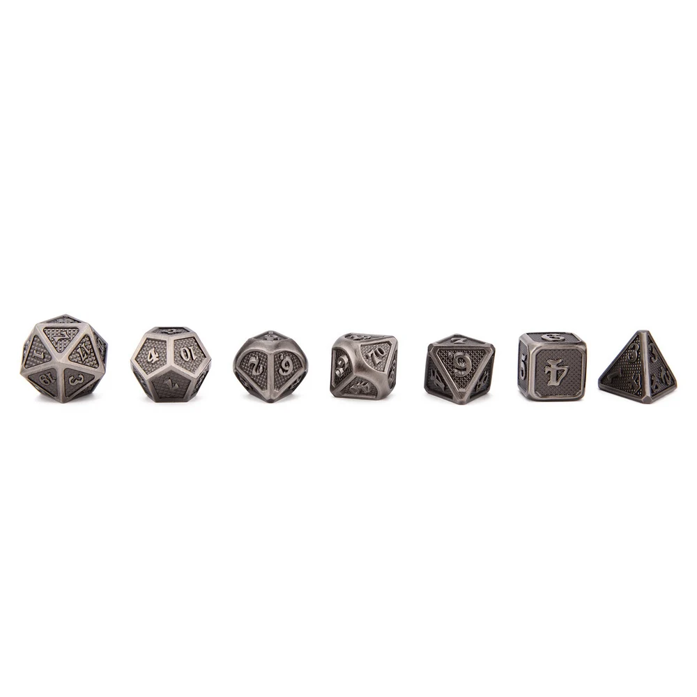 Потрепанные серебряные DnD металлические многогранные кости с черным мешочком для подземелий и драконов RPG MTG обучение математике