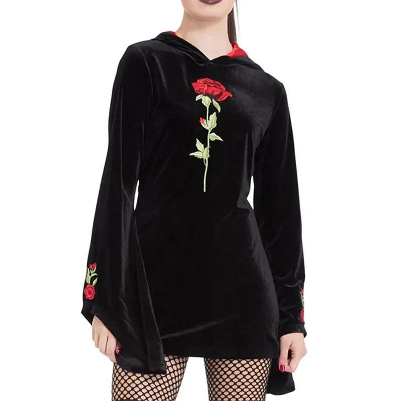 

Autumn Vintage Chinese Style Elegant Gothic Chic Women Mini Dresses Flare Sleeve Hooded Floral Embroidery Female Fall 2019 Dress