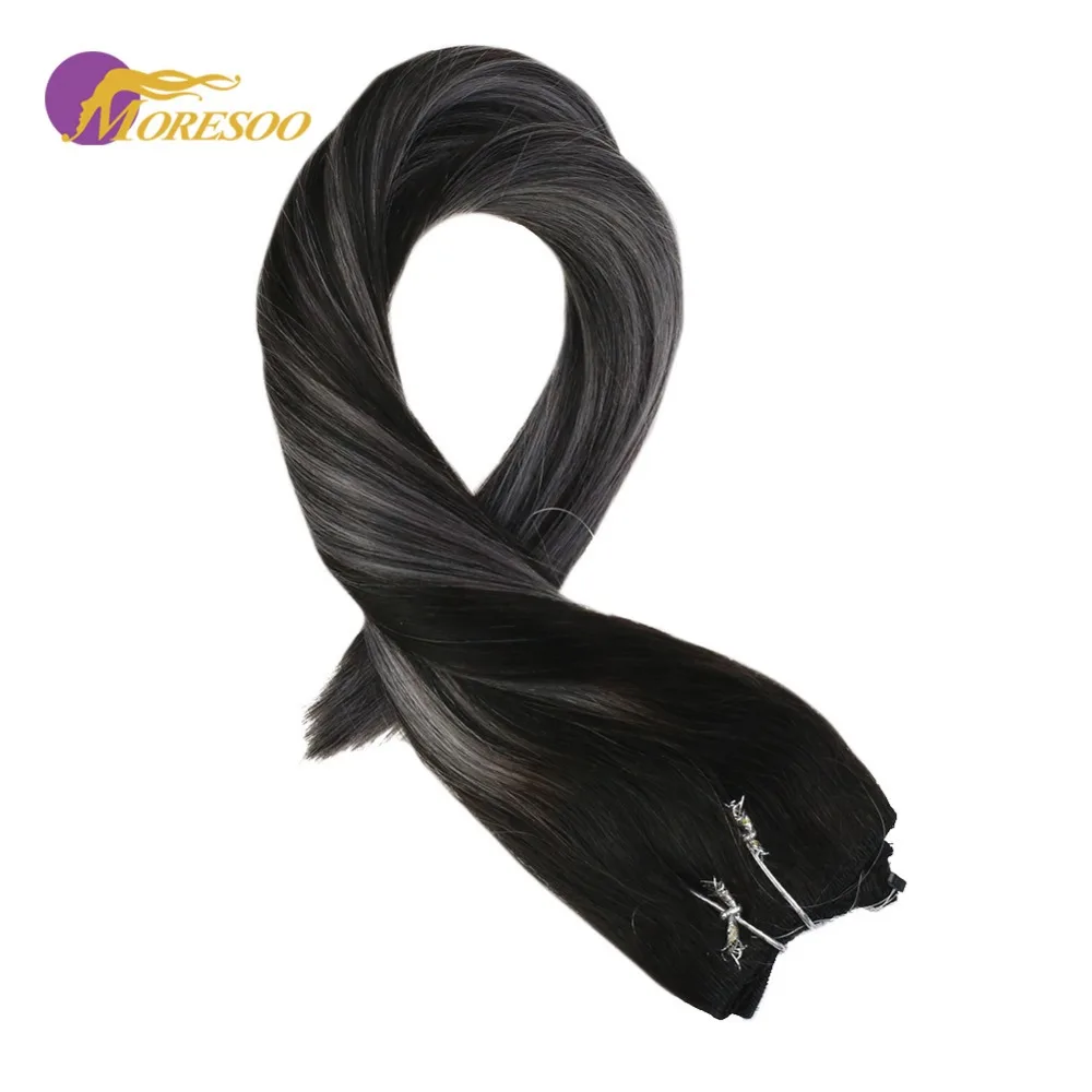 

Moresoo 12-22 inch Flip in Hair Extensions Remy Fishing Line Hair Balayage Color Off Black #1B Mixed with Silver Color 50-100G