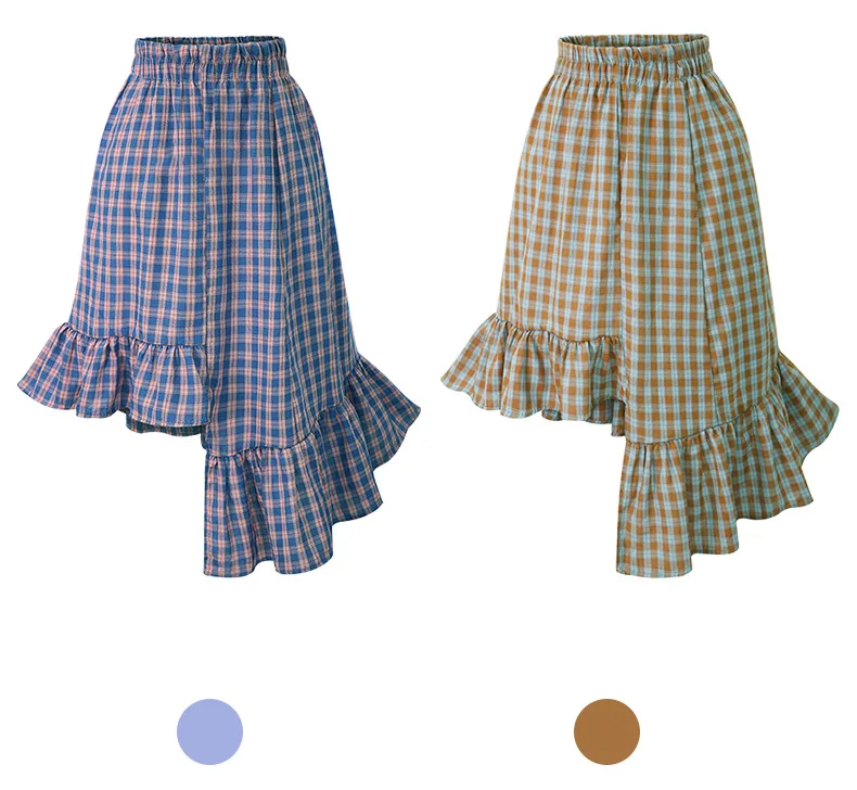Queechalle, летняя повседневная клетчатая юбка, женская мода, с оборками, асимметричная, а-силуэт, юбка для женщин, завышенная талия, юбки для женщин